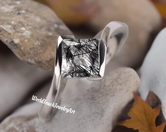 Natural Black Rutile 925 Silver Engagement Ring Bridal Ring For Her Rutilated Quartz Ring Quartz Jewelry Black Rutile Ring