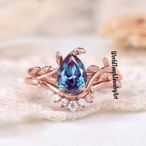 Vintage Alexandite Engagement Ring Set,Unique 24K Rose Gold Wedding Set,Art Deco Leaf Alexandrite Matching Stacking Ring,Bridal Set