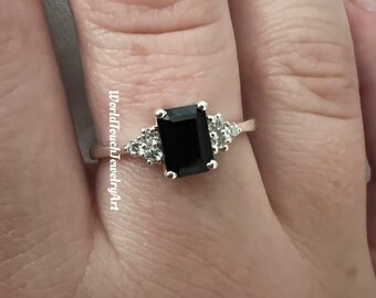 Unieke natuurlijke zwarte onyx verlovingsring, 925 sterlingzilver achthoekig geslepen zwarte onyx ring, art deco ring van zwarte onyx, jubileumcadeau