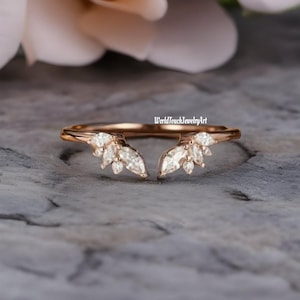 Fede nuziale vintage con moissanite, fede nuziale in oro rosa con taglio marquise, fede nuziale aperta con diamanti, anello di promessa per anniversario.