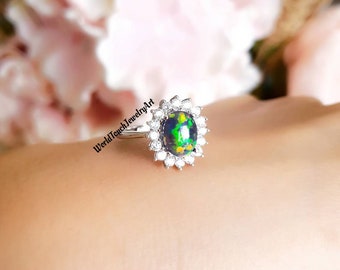 Black Opal Oval Ring in Sterling Silver, Black Opal Jewelry Ring, Fire Black Opal Ring Women Gifts Oval Cabochon