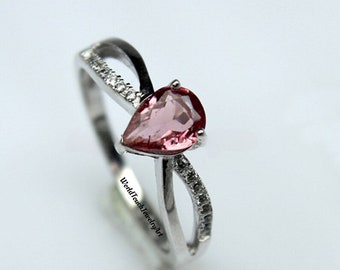 Anello di fidanzamento con tormalina rosa, anello Art Déco in argento massiccio con tormalina.