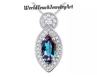 Marquise Lab Alexandrite Necklace: Sterling Silver Color Changing Gemstone