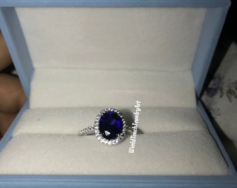 Halo Sapphire Ring, Echte Lab Grown Royal Blue Sapphire Verlovingsring, Saffier Zilveren Ring, September Birthstone Promise Ring