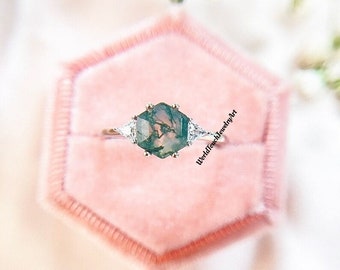 Hexagon Cut Natural Moss Agate Silver Engagement Ring Bridal Hexagon Ring For Women Moss Agate Dainty Ring Promise Ring