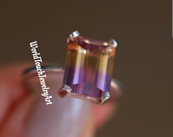 Anello di ametrina taglio smeraldo: argento sterling 925, anello di fidanzamento fatto a mano