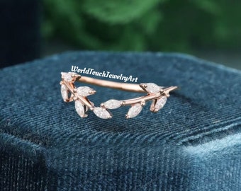 14K Rose Gold Diamond Ring Marquise Moissanite Wedding Band Art Deco Matching Stacking Band Wedding Ring Anniversary Ring Gift for Her