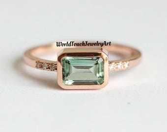Emerald Cut Green Amethyst Ring: Sterling Silver Statement Ring