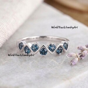 Half Eternity Wedding Band London Blue Topaz Silver Wedding Band Round Cut Topaz Ring Art Deco Ring Matching Stackable Bridal Ring