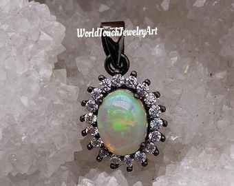Oval White Fire Ethiopian Opal Pendant Necklace For Women, Ethiopian Opal Jewelry, Genuine Fire Opal Necklace, Fire Opal Pendant