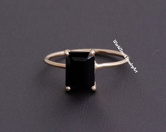 Black Onyx Engagement Ring Emerald Cut Solid Silver Ring Minimalist Ring Birthstone Jewelry Bridal Ring Promise Ring Anniversary Gift
