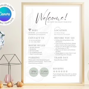 May include: A printable welcome sign for guests with a white background and black text. The sign includes information about WiFi, contact information, house rules, parking, check-in and check-out times, trash day, and a review section. The sign has a decorative floral design.