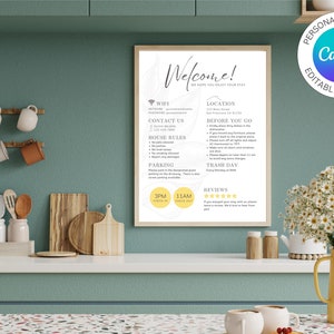 May include: A printable welcome sign for a rental property with a marble background. The sign includes information about WiFi, contact information, house rules, parking, trash day, check-in and check-out times, and a place for reviews. The sign is designed to be personalized and printed using Canva.