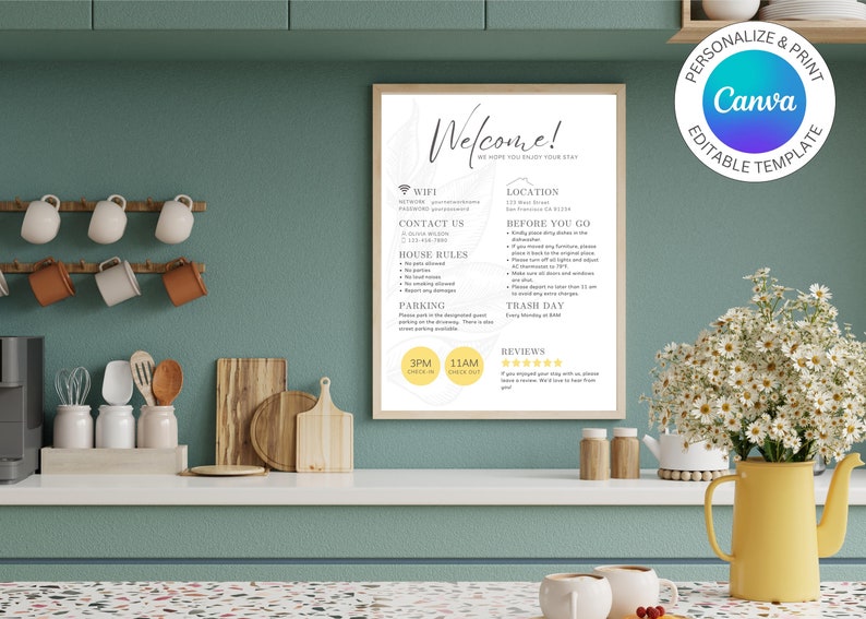May include: A printable welcome sign for a rental property with a marble background. The sign includes information about WiFi, contact information, house rules, parking, trash day, check-in and check-out times, and a place for reviews. The sign is designed to be personalized and printed using Canva.