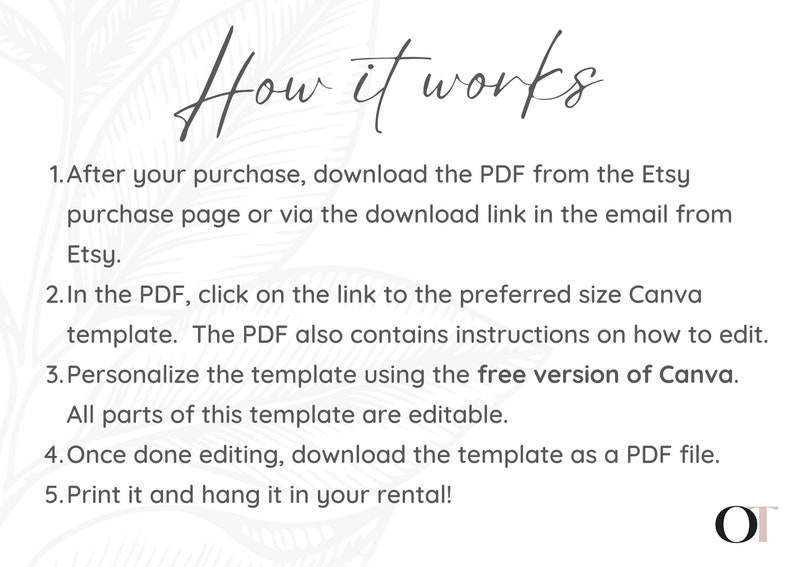 May include: How it works: A five-step guide for downloading, editing, and printing a Canva template. The guide includes instructions on how to use the free version of Canva.
