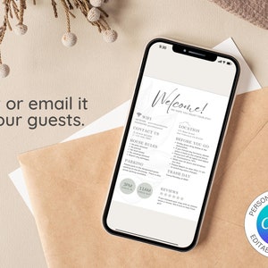 May include: A smartphone displaying a welcome guide for guests with sections for WiFi, contact information, house rules, parking, trash day, and reviews. The guide is designed in a minimalist style with a marble background and black text. The phone is on a brown surface with a brown envelope and a sprig of dried flowers.