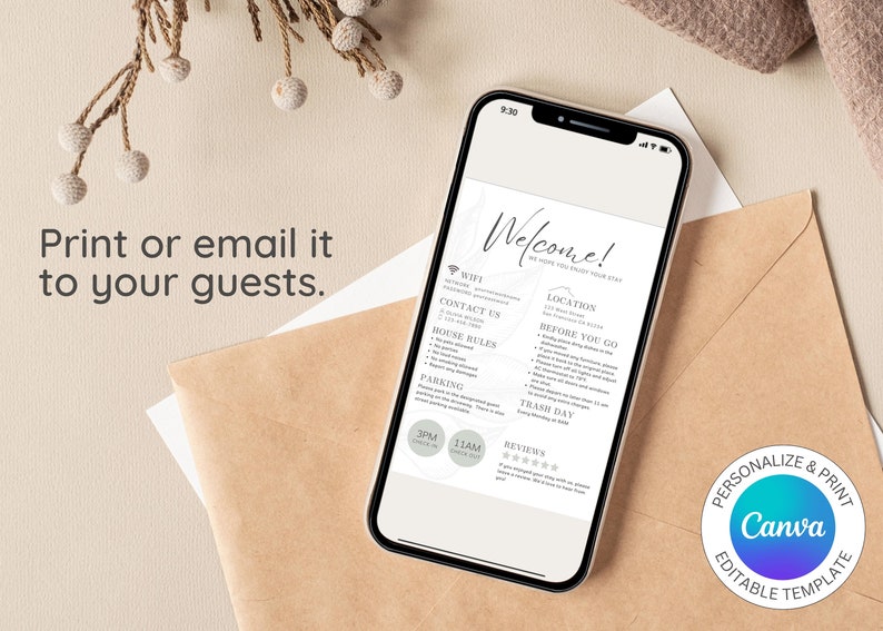 May include: A smartphone displaying a welcome guide for guests with sections for WiFi, contact information, house rules, parking, trash day, and reviews. The guide is designed in a minimalist style with a marble background and black text. The phone is on a brown surface with a brown envelope and a sprig of dried flowers.