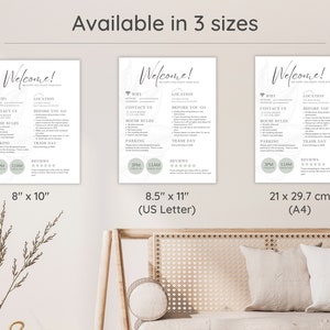 May include: Three different sizes of a printable welcome sign for guests. The sign is white with a gray floral design and includes information about WiFi, contact information, house rules, parking, trash day, and reviews. The sizes are 8 inches by 10 inches, 8.5 inches by 11 inches (US Letter), and 21 centimeters by 29.7 centimeters (A4).