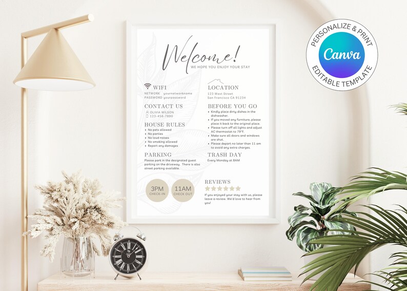 May include: A white welcome sign with a floral design and text that says "Welcome! We hope you enjoy your stay." The sign includes information about WiFi, location, contact information, house rules, parking, trash day, and reviews.