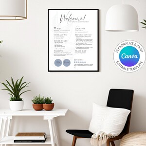May include: A black and white welcome sign with a decorative floral design. The sign includes information about WiFi, contact information, house rules, parking, trash day, and reviews. The sign also includes a Canva logo and the text "Personalize & Print Editable Template".