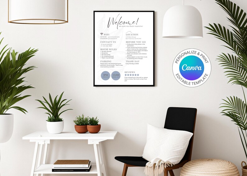 May include: A black and white welcome sign with a decorative floral design. The sign includes information about WiFi, contact information, house rules, parking, trash day, and reviews. The sign also includes a Canva logo and the text "Personalize & Print Editable Template".