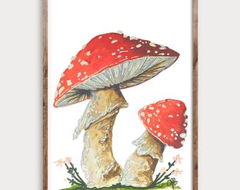 Red Mushroom ACEO Print 002: Woodland Watercolor Art Card (2.5x3.5)