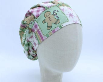 Christmas Patchwork on Ribbed Double Brushed Poly in a Bouffant Style Scrub Cap