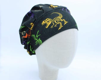 Dinosaur Bones on Ribbed Double Brushed Poly in a Bouffant Style Scrub Cap
