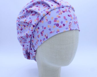 Purple and Pink Confetti on Lavender DBP Fabric in a Bouffant-Style Scrub Cap