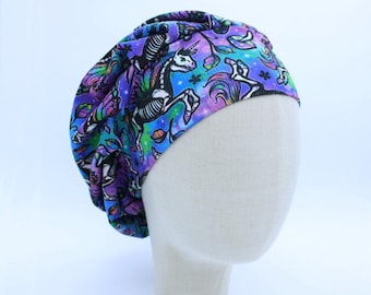 Skeletal Unicorns on Ribbed Double Brushed Poly in a Bouffant Style Scrub Cap