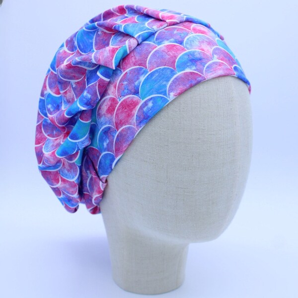 Deep Pinks and Blues Pattern on Soft Double-Brushed Fabric in a Bouffant-Style Scrub Cap