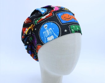 Halloween Stamps on Ribbed Double Brushed Poly in a Bouffant Style Scrub Cap