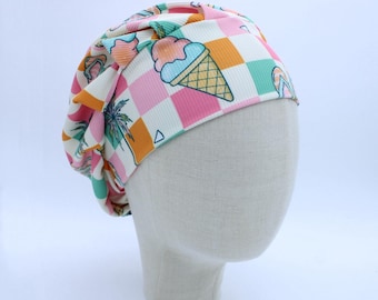 Ice Cream and Flip-Flops on Ribbed Double Brushed Poly in a Bouffant Style Scrub Cap