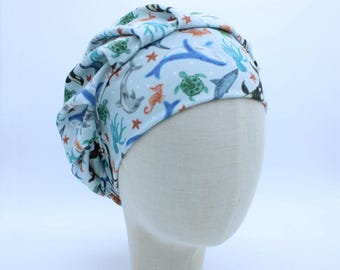 Sea Life on Double Brushed Poly in a Bouffant Style Scrub Cap