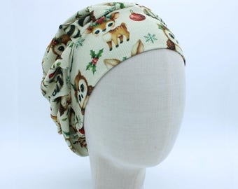 Cute Holiday Animals on Ribbed Double Brushed Poly in a Bouffant Style Scrub Cap