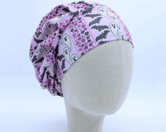 Floral Ghosts and Bats on Ribbed Double Brushed Poly in a Bouffant Style Scrub Cap