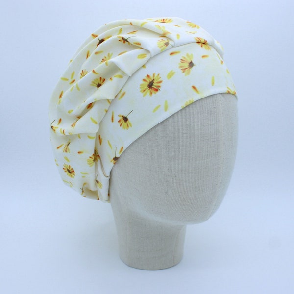 Soft Yellow Dandelions on Soft Yellow Background in a Bouffant-Style Scrub Cap