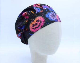 Bright Pumpkins and Flowers on Ribbed Double Brushed Poly in a Bouffant Style Scrub Cap