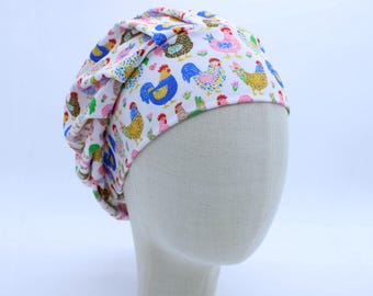 Fabulous Chickens on Double Brushed Poly in a Bouffant Style Scrub Cap
