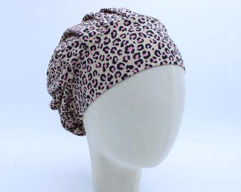 Pink and Tan Cheetah Print on Double Brushed Poly in a Bouffant Style Scrub Cap