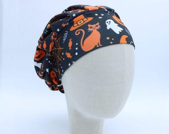 Halloween Scene on Double Brushed Poly in a Bouffant Style Scrub Cap