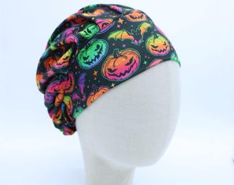 Neon Pumpkins on Double Brushed Poly in a Bouffant Style Scrub Cap