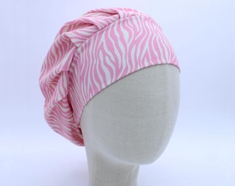Pink Zebra on Ribbed Double Brushed Poly in a Bouffant Style Scrub Cap