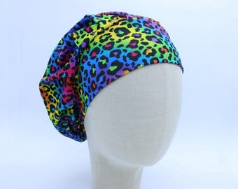 Rainbow Leopard on Double Brushed Poly in a Bouffant Style Scrub Cap