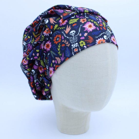 Floral Skeletons on Double Brushed Poly Fabric in a Bouffant Style Scrub Cap