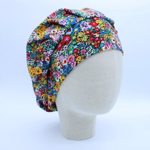 Bright Spring Flowers on Soft Stretch Knit Jersey in a Bouffant-Style Scrub Cap