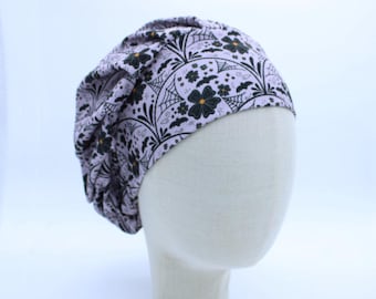 Bats and Floral Theme on Ribbed Double Brushed Poly in a Bouffant Style Scrub Cap