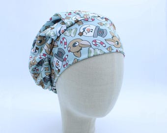 Reindeer and Snowman on Double Brushed Poly in a Bouffant Style Scrub Cap