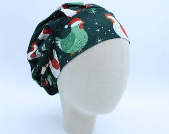 Holiday Chickens on Ribbed Double Brushed Poly in a Bouffant Style Scrub Cap