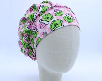 Checkered Mean Green on Double Brushed Poly in a Bouffant Style Scrub Cap